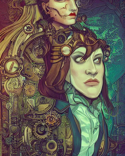 Prompt: a detailed portrait illustration of a steampunk tech - sorcerer. beautiful intersex face, ginger. art nouveau, pop art, comic book style. influenced by neil gaiman, h. p. lovecraft, dan mumford, brian froud, heade, killian eng, ross tran.