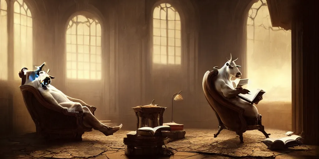 Image similar to a cow sitting in a luxury chair reading a book, digital art, fantasy art, octane render, ureal engine, high detail, very realistic, by greg rutkowski. by james gurney