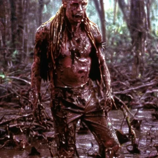 Prompt: cinematic still of macaulay culkin, covered in mud and watching a predator in a swamp in 1 9 8 7 movie predator, hd, 4 k