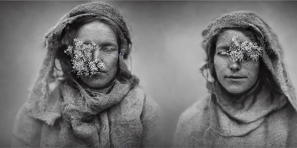 Prompt: portrait photography tyrolean female farmer, leaves and edelweiss growing from face, hay cloths, desaturated, fog, 1. 2 f, 3 5 mm, dark, 1 9 2 0 s ghost photography