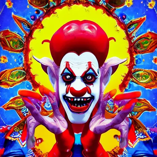 Image similar to 4K headshot of godlike clown with clown nose and defined arms and open hands and bloody clothes with giant mandala wings , intricate runny clown face make-up , flawless anime cel animation by Kentaro Miura, psychedelic , highly detailed upper body , professionally post-processed , beautiful, scary, symmetry accurate features, epic, octane rendered, anime masterpiece, accurate