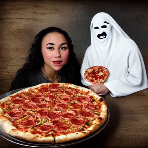 Prompt: a photo of a ghost and jesus sharing a pizza