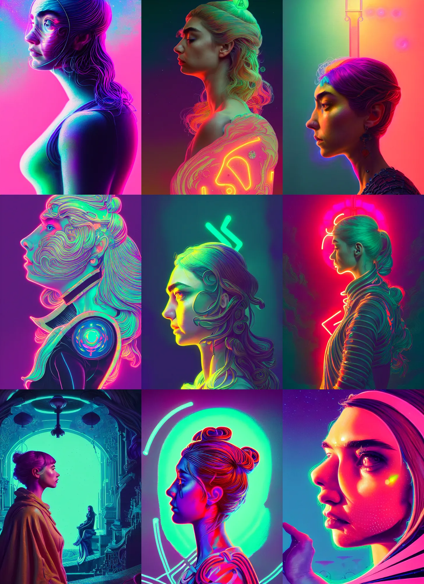 Prompt: side portrait, imogen poots, paladin, gloomhaven, neon, psychedelic, art nouveau, tarot card, ray tracing, depth of field, luminescent, octane render, by martine johanna and simon stalenhag and chie yoshii and casey weldon and wlop