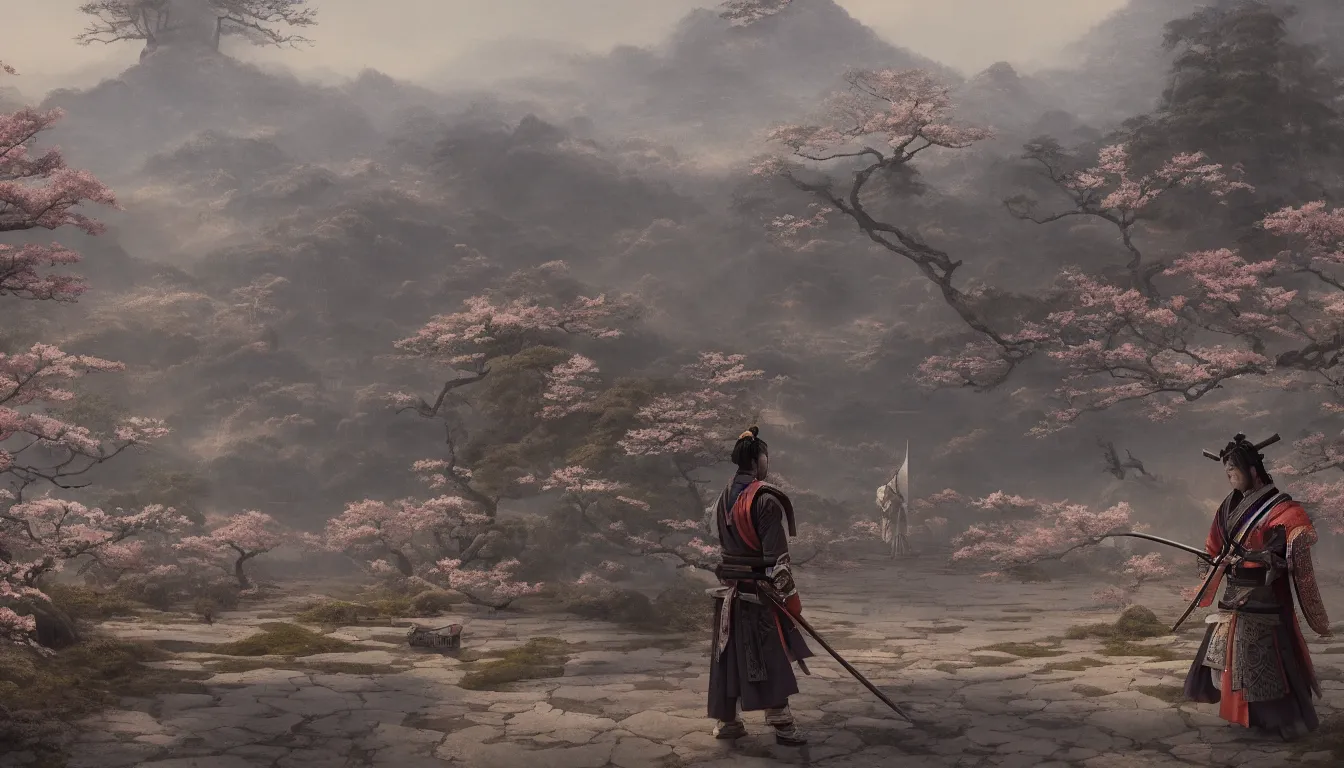 Prompt: a detailed matte painting of a Samurai holding a katana, Shinto temple in the background, Sakura garden, art by Greg Rutkowski, highly detailed, 8k