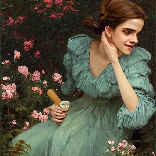 Image similar to laughing mouth open very thick paint brush strokes paint texture full body fashion model emma watson by Jeremy Lipking by Hasui Kawase by Richard Schmid (((smokey eyes makeup eye shadow fantasy, glow, shimmer as victorian woman in a long white frilly lace dress and a large white hat having tea in a sunroom filled with flowers, roses and lush fern flowers ,intricate, night, highly detailed, dramatic lighting))) , high quality