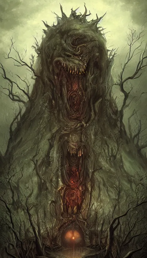 Prompt: a storm vortex made of many demonic eyes and teeth over a forest, by charlie bowater