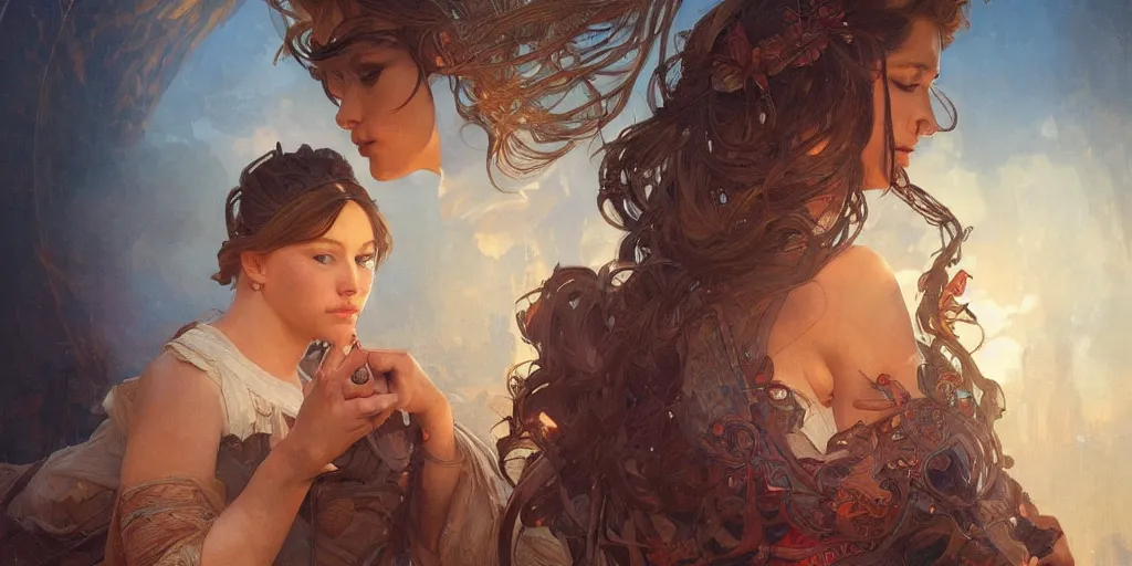 Image similar to epic portrait an festival happening in nightime of venice, intricate, full frontal shot, highly detailed, digital painting, artstation, concept art, sharp focus, illustration, art by artgerm and greg rutkowski and alphonse mucha