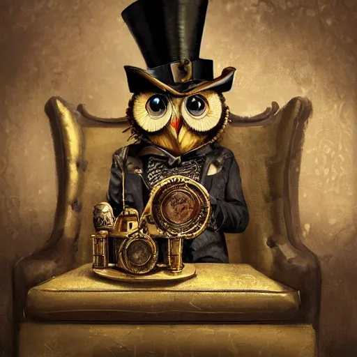 Image similar to oil painting of grumpy rich steampunk owl sitting in fancy chair, wearing top hat, holding gold watch, steampunk factory background, sharp focus, fantasy style, octane render, volumetric lighting, 8k high definition, by greg rutkowski, highly detailed, trending on art Station, magic the gathering artwork, centered, deviantart,