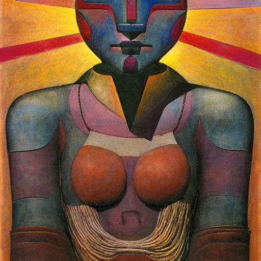 Image similar to portrait of a robot shaman, by annie swynnerton and and rufino tamayo and jean delville and edward hopper and evelyn de morgan, art deco shaman, stylized geometric flowers, art brut, outsider art, symbolist, dramatic lighting, god rays, clean crisp graphics, smooth sharp focus, extremely detailed, adolf wolfli