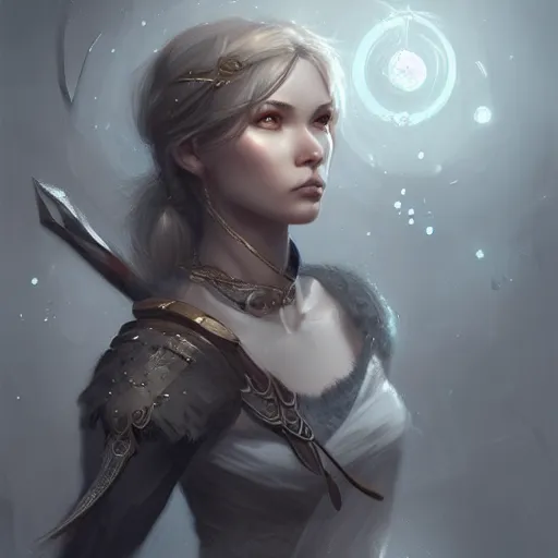 Image similar to beautiful extremely detailed intricate concept art depicting an archer by charlie bowater. shining jewelry. grey atmosphere. particles in the background. artstation