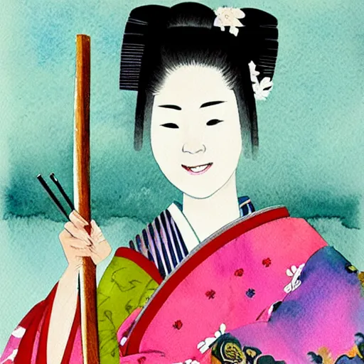 Prompt: watercolor painting of a beautiful japanese girl wearing a kimono and smiling, holding a samurai sword,