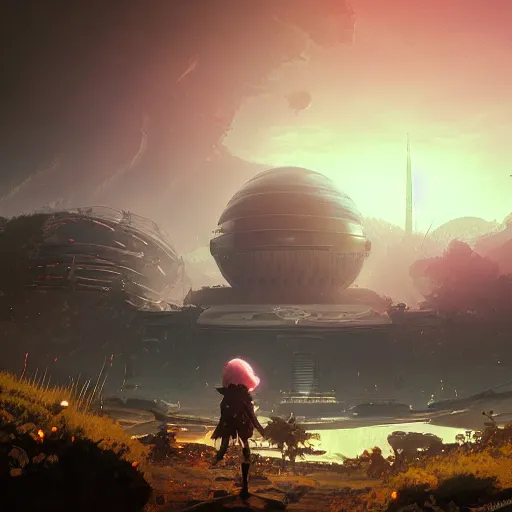 Prompt: beautiful landscape, nier automata, protoss temple, machine planet, pink sun, advanced technology, cinematic lighting, highly detailed, masterpiece, art by bastien grivet