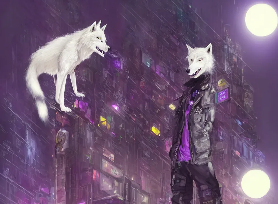 Prompt: award winning beautiful portrait commission of a male furry anthro albino wolf fursona with a tail and a cute beautiful attractive detailed furry face wearing stylish black, purple and yellow cyberpunk biker clothes standing on top of a high rise in a cyberpunk city at night while it rains. Character design by charlie bowater, ross tran, artgerm, and makoto shinkai, detailed, inked, western comic book art