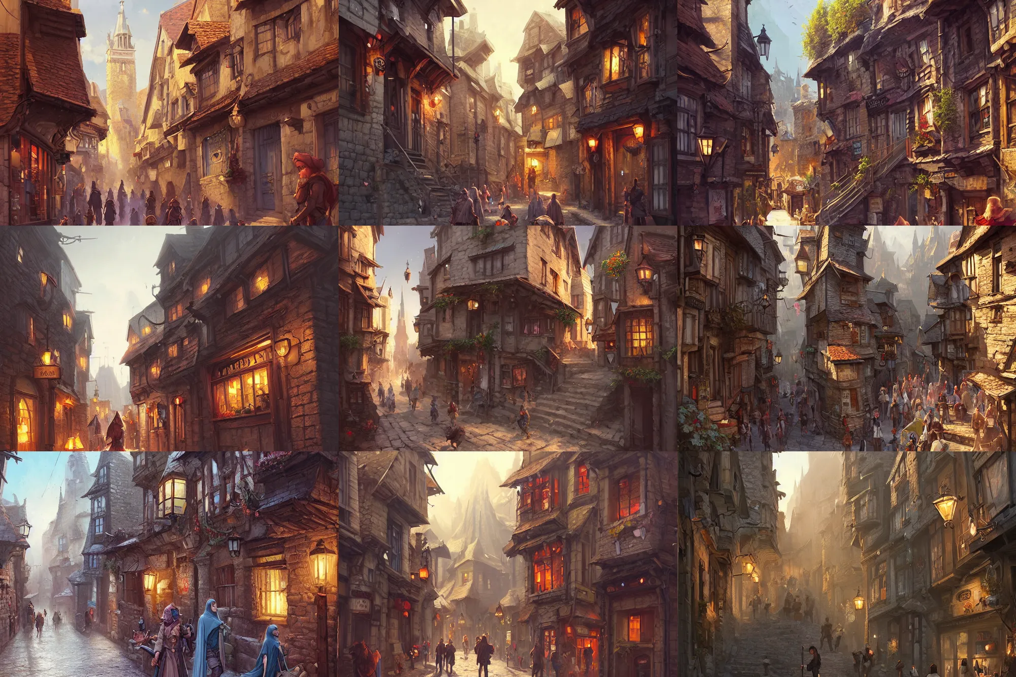 Image similar to a busy street within a fascinating old fantasy city, quirky shops, narrow streets, old buildings, old stone steps, street life, by Sylvain Sarrailh, cinematic, stunning composition, beautiful digital painting, oil painting, dungeons and dragons, lord of the rings