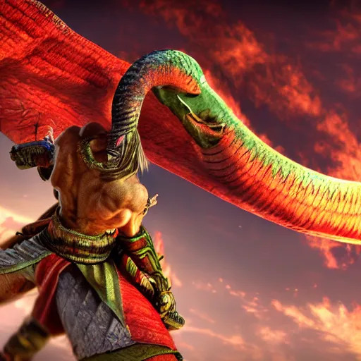 Image similar to kratos fighting quetzalcoatl, 4 k cinematic render