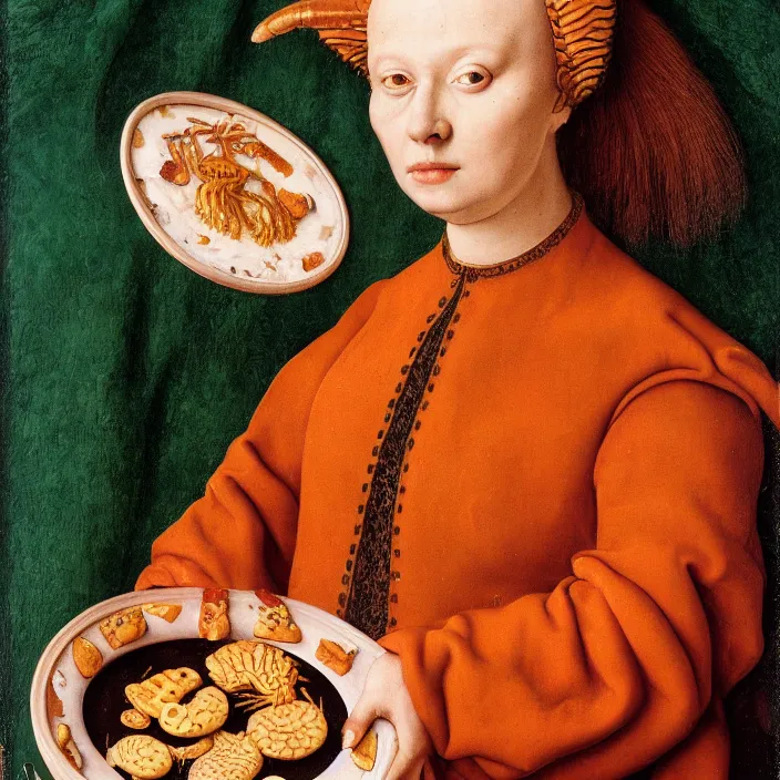 Image similar to a closeup portrait of a horned woman, holding a plate of weird cookies, lobster cookie, shrimp cookie, jellyfish cookie, by jan van eyck