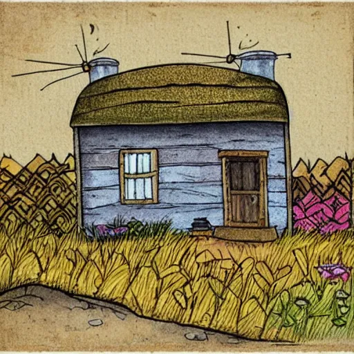 Prompt: a colored ink illustration of a humble cottage, drawn on white parchment paper, vibe, atmosphere, detailed, muted colors, by greg rutowski and ryan berkley