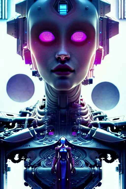 Image similar to ultra detailed female android deity, robot, cyborg, altar, futuristic gothic environment, ethereal flowerpunk, scifi, fantasy, cyberpunk, octane render, megalopolis, unreal engine, asymmetrical!!! intricate concept art, triadic color, art by artgerm and wlop and giger and greg rutkowski and alphonse mucha, 8 k