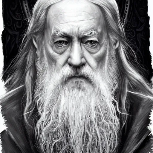Image similar to a close up portrait of Dumbledore, focused gaze, art station, highly detailed, concept art