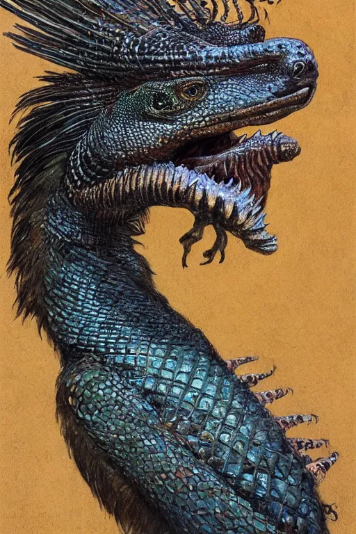 Prompt: art by john howe of a dog - sized humanoid with the feathers of a magpie, head of a horse, front claws of a gecko, arms of a monitor lizard and the face of a chinchilla.