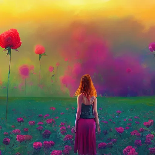 Image similar to giant rose flower head, full body girl standing in a flower field, surreal photography, sunrise, dramatic light, impressionist painting, colorful clouds, digital painting, artstation, simon stalenhag