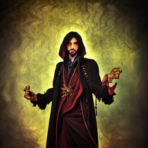 Prompt: portrait of a human warlock ,fantasy, D&D, HDR, , natural light, medium close shot, dynamic pose, award winning photograph, Mucha style