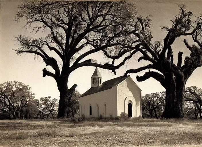 Prompt: Old mission church next to a big oak tree in a grassy flat desert, albumen silver print by Timothy H. O'Sullivan.