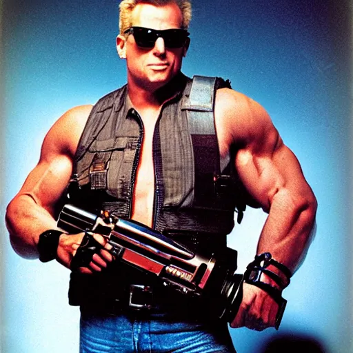 Prompt: UHD candid photo of Duke Nukem holding a Gatling gun in a crowded theater, accurate faces, UHD, photorealistic, correct face, photo by Annie Leibowitz