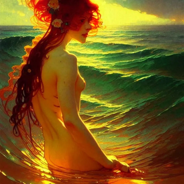 Image similar to ocean waves of glossy liquid honey drops flowing like psychedelic translucent amber, lsd waves, lsd ripples, backlit, sunset, refracted lighting, art by collier, albert aublet, krenz cushart, artem demura, alphonse mucha