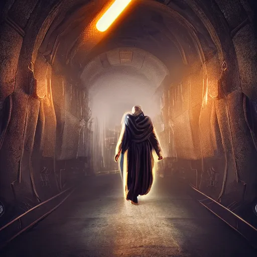 Image similar to sci-fi time traveler nomad wearing a cloak, cape, walking through a neone clock tunnel into another dimension, clocks falling, hdr, glow, sunset, zack snyder cinematography style, dark, cinematic, cinema lighting, highly detailed, ultra realistic, cinematic lighting, 8k