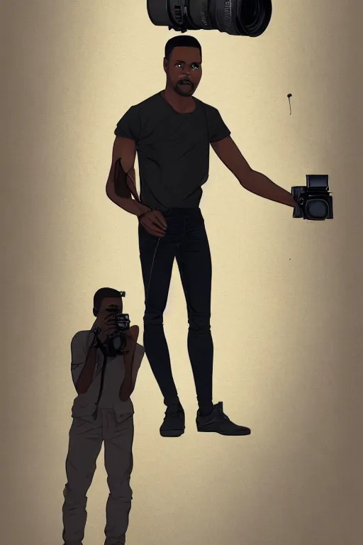 Prompt: a black man with short haircut, holding a giant camera, movie poster concept art about by tom chantrell, no words 4 k,