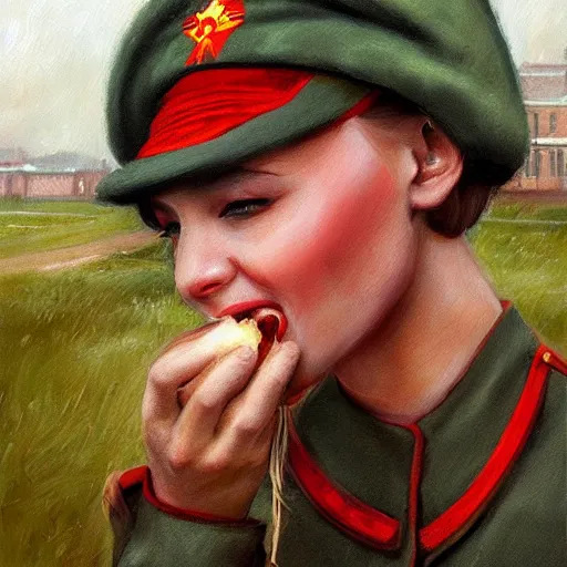 Image similar to high detail portrait oil painting illustration of beuatiful girl as soviet red army soldier eating hot baked bun, in khaki tunic, by justin sweet with face and body clearly visible, in a scenic background, pupils visible, realistic proportions, artstation trending, high quality, sombre mood, artstation trending, muted colours, entire person visible!