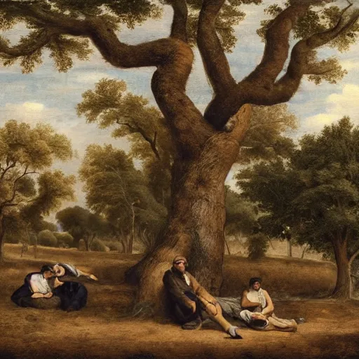 Prompt: 4 men resting by an oak tree
