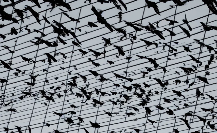 Prompt: low angle photo of a flock of birds scene from the travel plaza window, scene from being john malcovich film directed by charlie kaufman ( 2 0 0 1 ), moody cinematography and lighting, 2 4 mm anamorphic lens