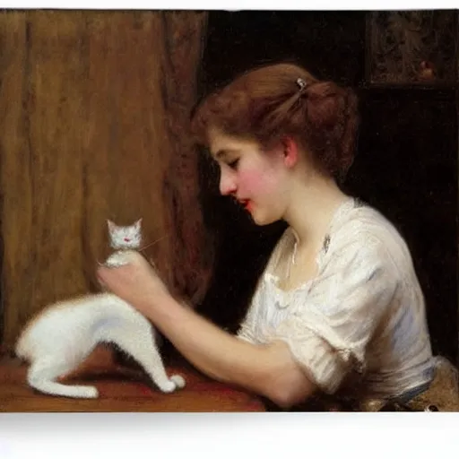 Image similar to young woman petting her cat by alfred stevens