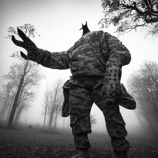 Prompt: cinematic photo of a tall humanoid animal hybrids creature looming over a military camp, fog, army