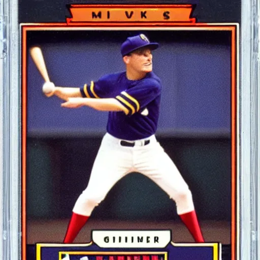 Prompt: Grimace rookie baseball card for the Milwaukee Brewers