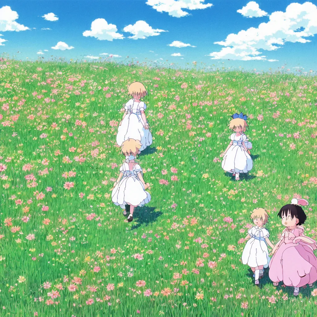 Image similar to little girl in princess dress with her puppy, walking through a field of flowers, puffy clouds, beautiful, summer, calm, studio ghibli, art by hayao miyazaki, makoto shinkai