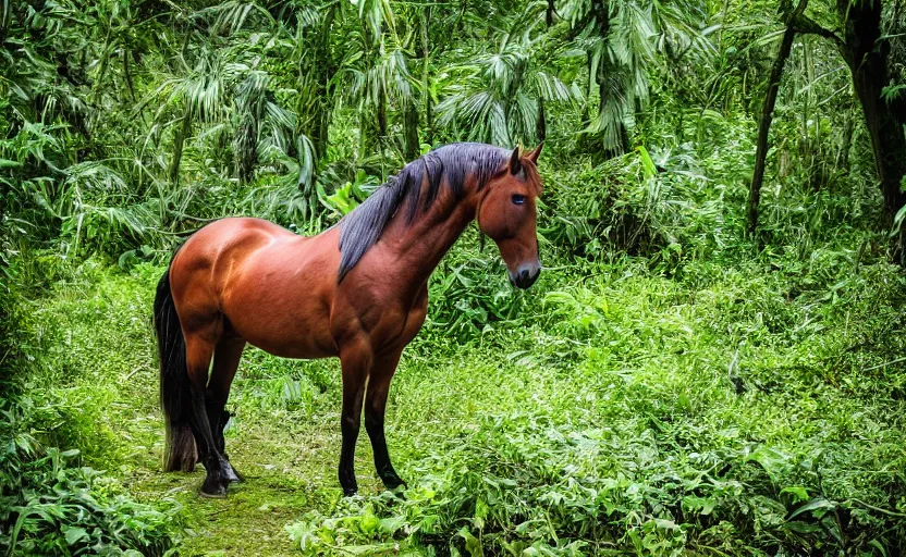 Prompt: a horse, in the jungle, photography