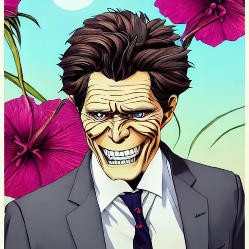 Image similar to willem dafoe, grinning, wearing a suit, posing, portrait surrounded by hibiscus flowers, jojo cover art, jojo anime style, david production, style of vento aureo cover art, style of stone ocean cover art, style of steel ball run cover art, style of jojolion cover art, ilya kuvshinov style, illustrated by hirohiko araki