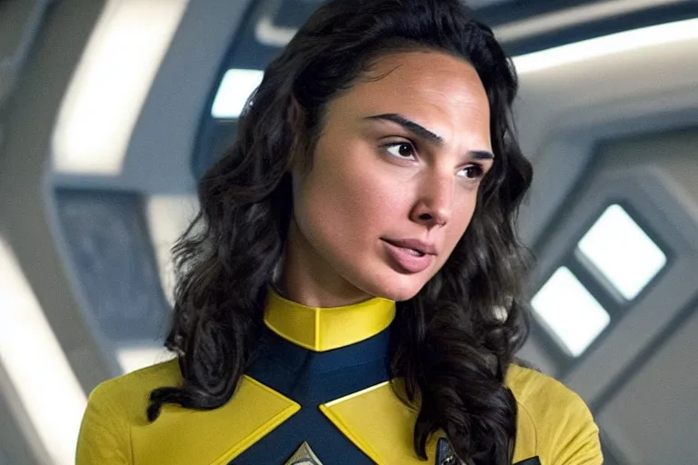 Image similar to Gal Gadot, wearing a yellow uniform, is the captain of the starship Enterprise in the new Star Trek movie