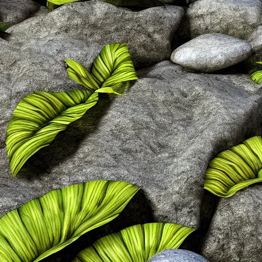 Prompt: tropical leaves, flora and fauna and flowery rocks closeup by rippling blue water, path traced, environment, highly detailed, concept art, realistic, octane render, up close shot