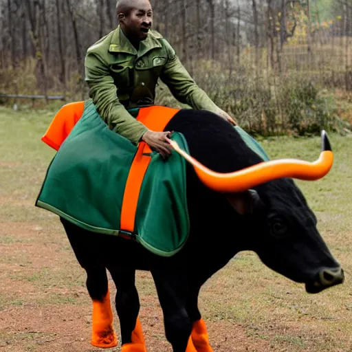 Prompt: photograph of a black man wearing an army green jacket riding an orange colored bull