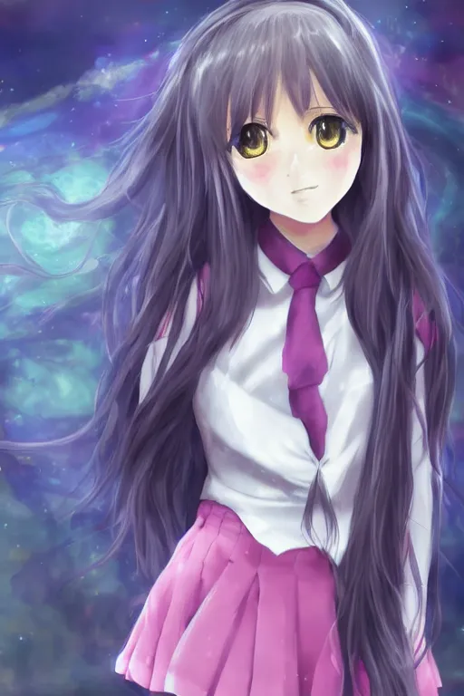 Prompt: 'a lonesome soul that is imagining becoming a lost soul as a cute and pretty mentally insane girl inquisitively smirks at you' 'pretty and cute teen girl wearing a private school uniform, with mental insanity imagines an image of a psychic energetic state of lucid reality.' ultra detailed realistic anime style at 16K resolution. epically surreally beautiful image. rendering amazing detail. vivid clarity. ultra shadowing. really cool shadowing creating a 3D effect. masterpiece illustration. face portrait. muted colors