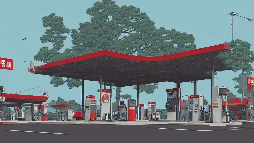 Image similar to Explosion at the gas station, flat design, screen print by Kawase Hasui and dan hillier, 8k unreal engine