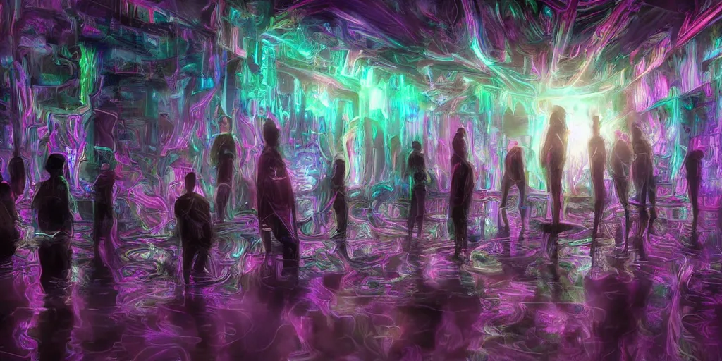 Prompt: art, groups of androids with glowing blacklight bodies, from behind, rebirth, beauty, wide angle, elaborate, wet, highly detailed, smoke, steam, reflections, vivid colors, beautiful lighting