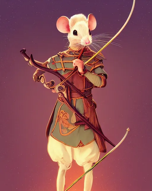 Prompt: anthropomorphic art of anthropomorphic archer mouse holding a bow, victorian bright clothing by artgerm, victo ngai, ryohji hase, artstation, highly detailed digital painting, smooth, global illumination, fantasy art by greg rutkowsky, karl spitzweg