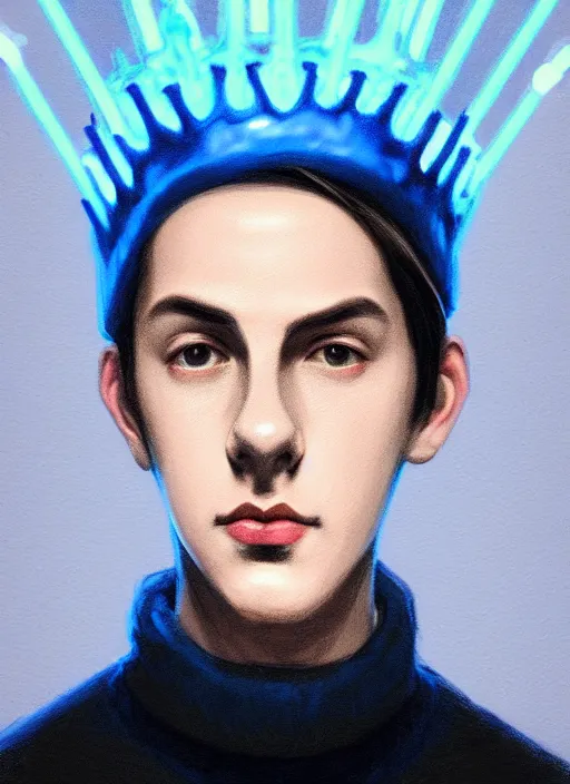 Image similar to portrait of teenage jughead jones wearing a light grey crown, crown, blue turtleneck, 1 9 5 0 s, closed eyes, photorealistic, black hair, glowing lighting, intricate, elegant, glowing lights, highly detailed, digital painting, artstation, concept art, smooth, sharp focus, illustration, art by wlop, mars ravelo and greg rutkowski