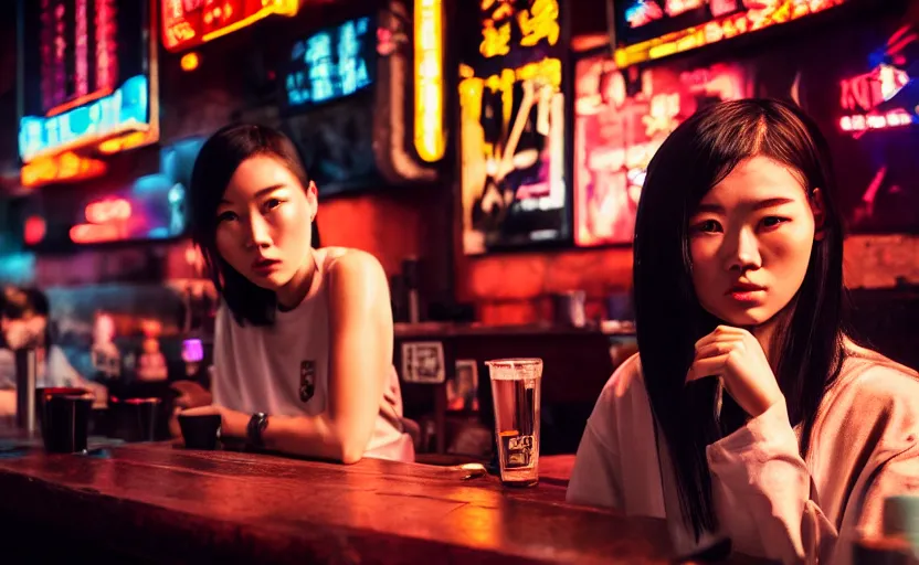 Image similar to cinestill 5 0 d photographic portrait of two female androids wearing streetwear talk at a bar in cyberpunk china, extreme closeup, modern cyberpunk, dust storm, 8 k, hd, high resolution, 3 5 mm, f / 3 2, ultra realistic faces, intricate detail, ex machina