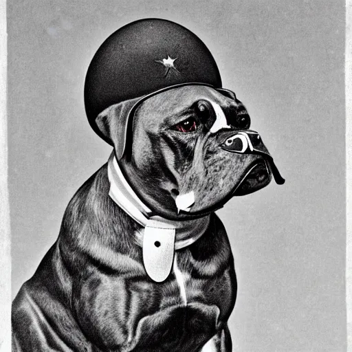 Image similar to illustration of boxer dog with military helmet and cigar in mouth, ww 2